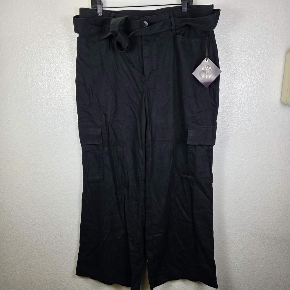 Ava‎ & Viv Women's Black Tie Waist Cargo Wide Leg Pants Black Size 17